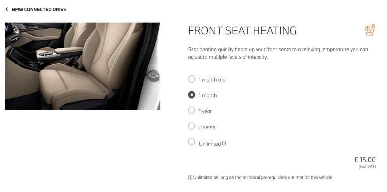 A screenshot of BMW UK's website shows tan leather automobile seats along with potential charges of 15 to activate heated seats for one month.