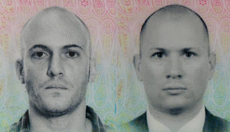 Mounties released images showing two men suspected of helping Rabih 'Robby' Alkhalil escape from North Fraser Pre-Trial Centre on July 21, 2022. A composite image shows grey-scale headshots of two bald white men which police now say are actually stock images.