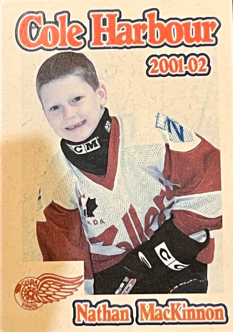 A vintage hockey card shows a young person wearing hockey gear and smiling. 