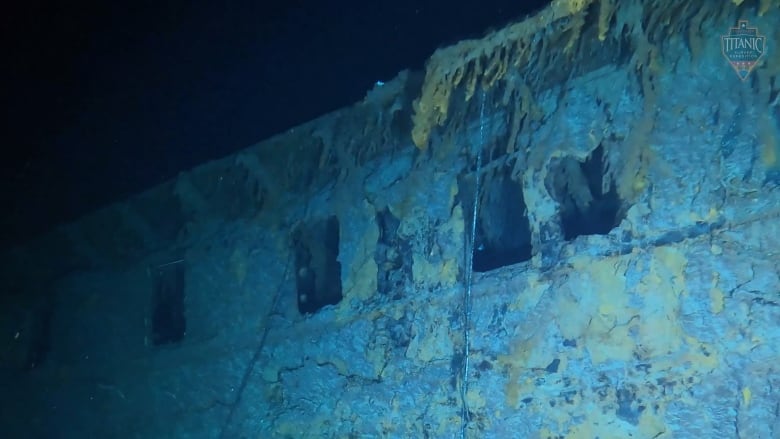 An image of The Titanic wreck on the ocean floor, from video taken by the submersible Titan in 2021.