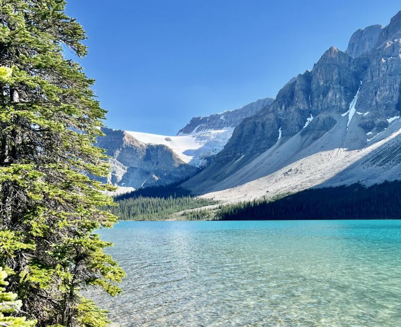 Picture of a turquoise lake in the Canadian Rockies.