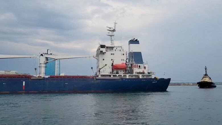 A cargo ship is in the water.