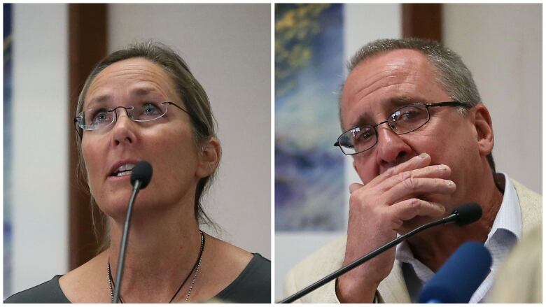 A composite shot of a man and woman, speaking at microphones.