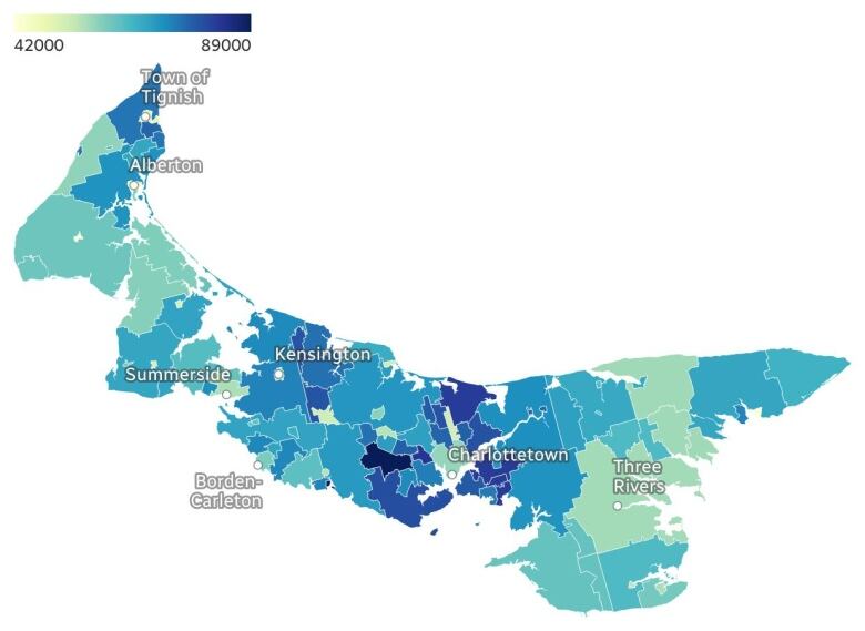 A heat map of household income on P.E.I. using data from the 2021 census.