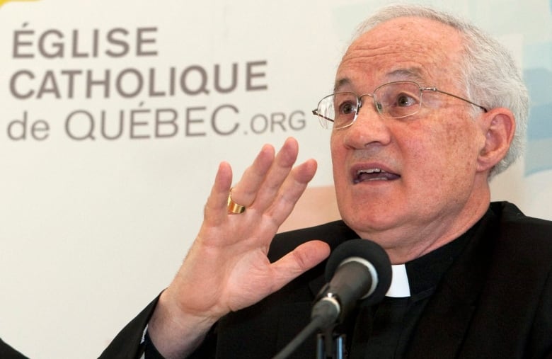 Photo of a cardinal dressed in black and speaking in front of a microphone.