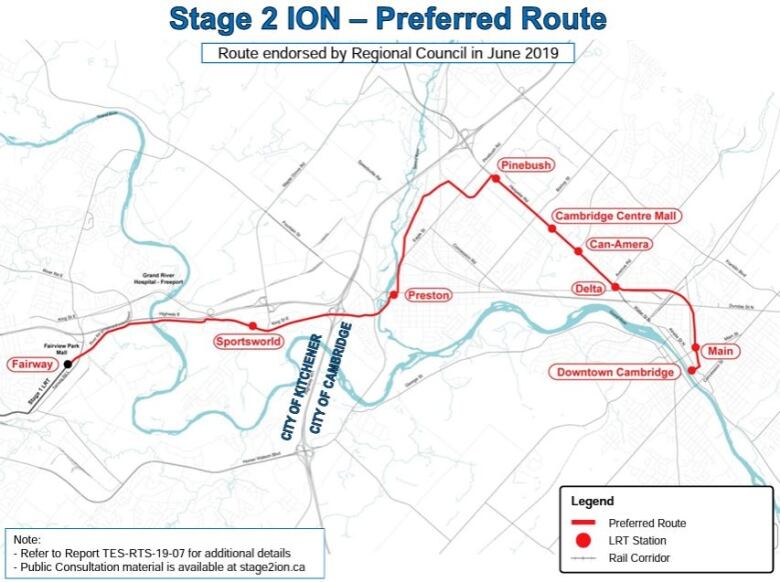 A map showing the route expected for phase two of the Region of Waterloo's LRT plan to Cambridge.