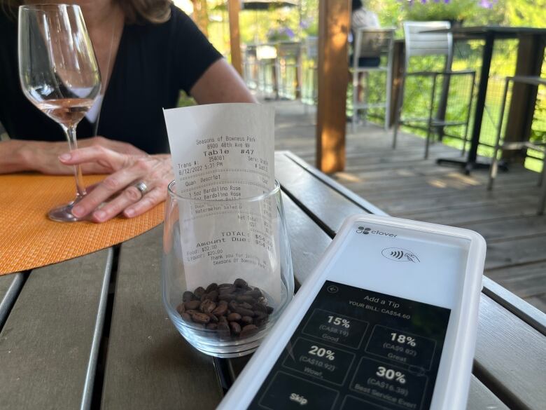 A tip machine asking for tips up to 30 per cent is shown next to an receipt and an empty wine glass held in a woman's hand.