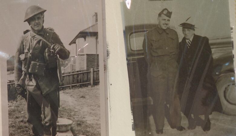 A black and white photo on the left shows a man in a military combat uniform. A photo on the right shows the man in a dress uniform, standing beside a woman.