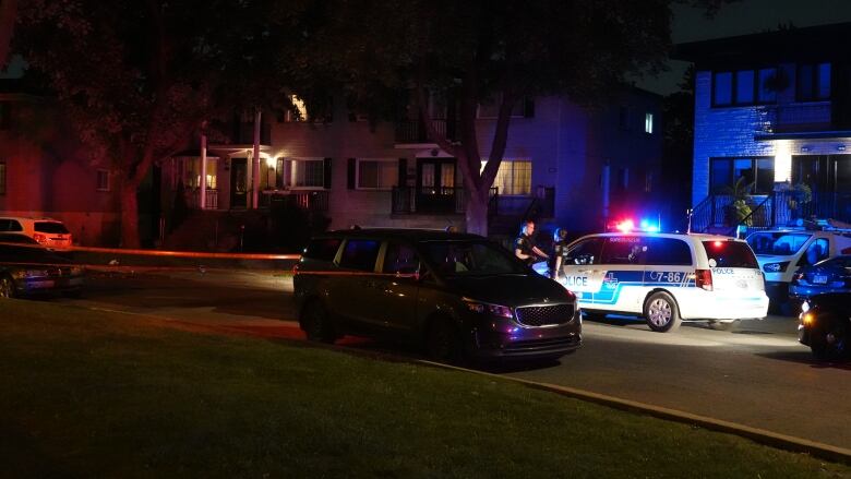 Montreal police cruisers are parked in Montreal's Saint-Laurent borough.