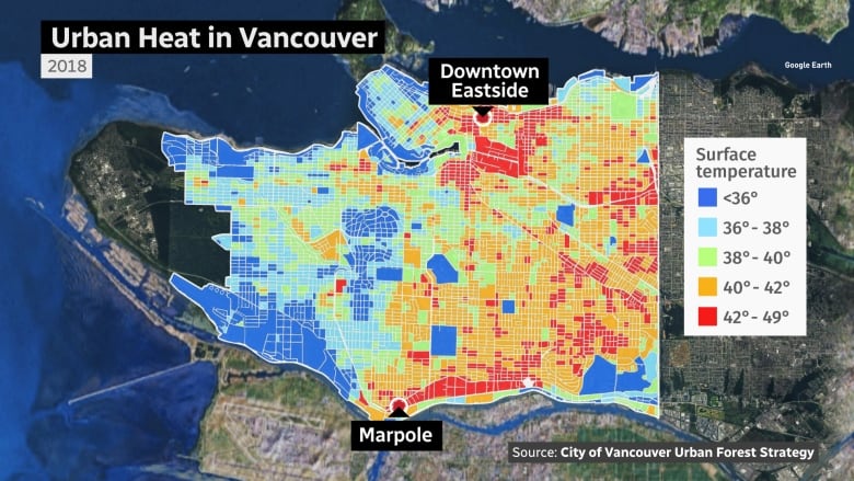 A map highlighting various hot regions of the city of Vancouver, in red, and cooler regions, in blue. Richer regions like the westside, Dunbar, and Shaughnessy are blue, while the Downtown Eastside and Marpole are bright red.