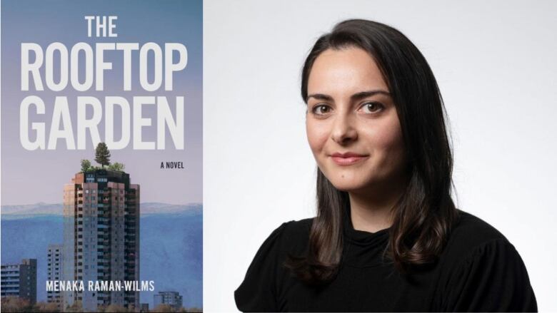 The Rooftop Garden by Menaka Raman-Wilms. Illustrated book cover of a tall apartment building with greenery on the roof. Portrait of the author.