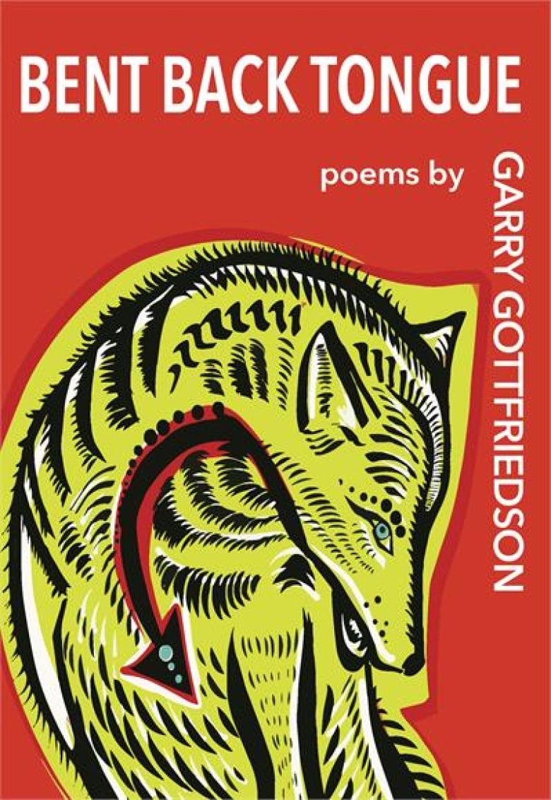 The cover of Gary Gottfriedson's poetry book Bent Back Tongue, which features white text and a drawing of a yellow fox against a red background.