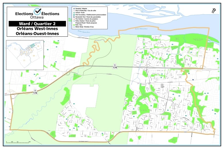 A map showing the boundaries for Ward 2 Orleans West-Innes.