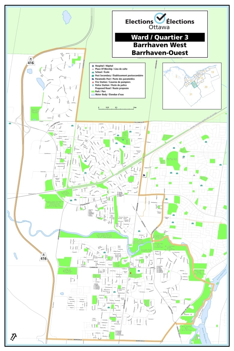 A map showing the boundaries of Ward 3 Barrhaven West.