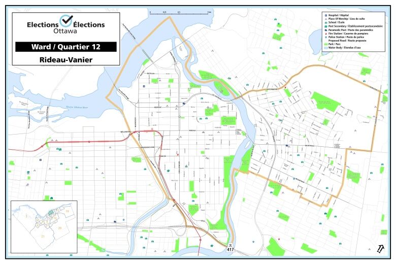 A map showing the boundaries for Ward 12 Rideau-Vanier.