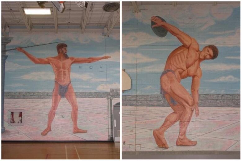 Two murals, both depicting extremely muscular, almost entirely naked men, clad in only a loin cloth. The man on the left is throwing a javelin, while the man on the right is throwing a disc.