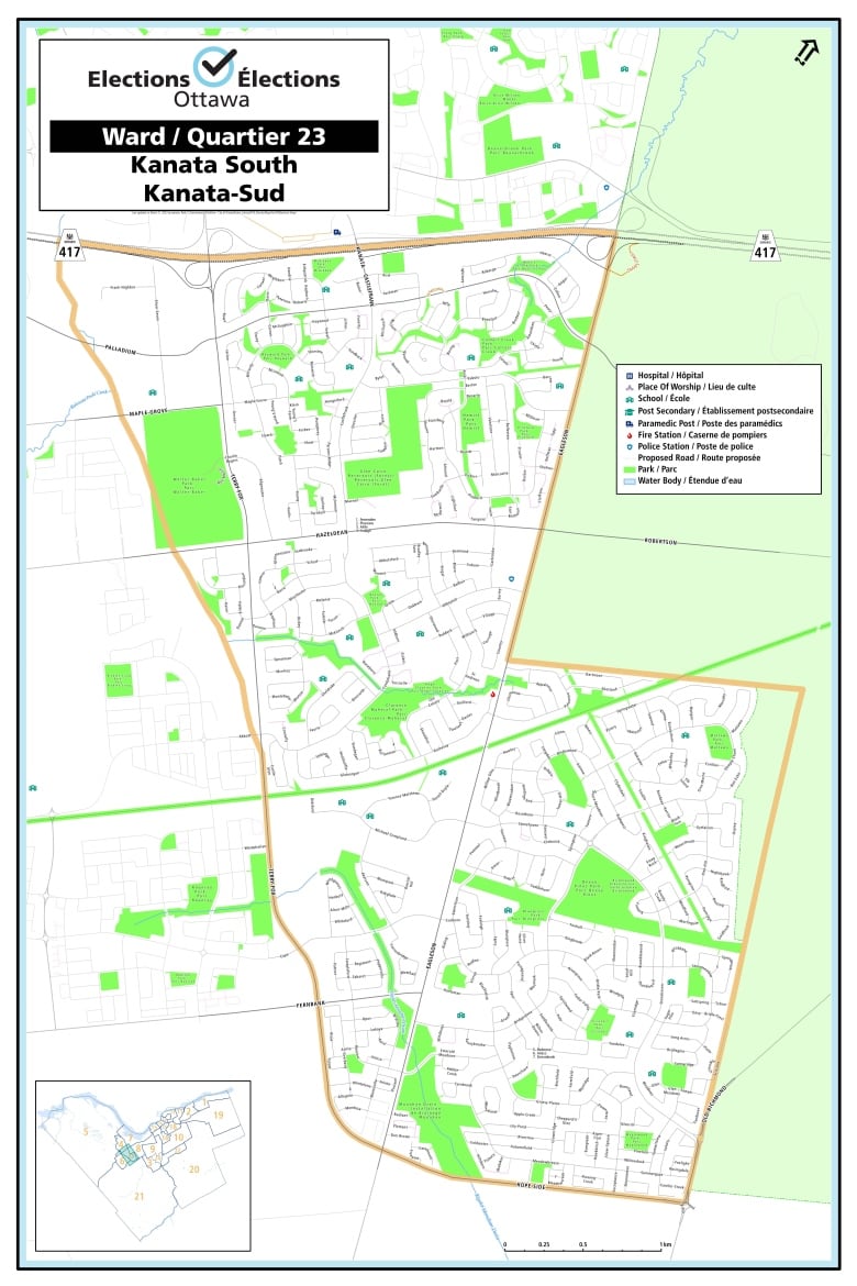 A map shows the boundaries for Ward 23 Kanata South.