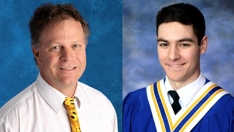 A man with greying brown hair in a yellow tie smiles for the camera in the left photo while a teenage boy with dark brown hair in a grad gown smiles in the right photo. 