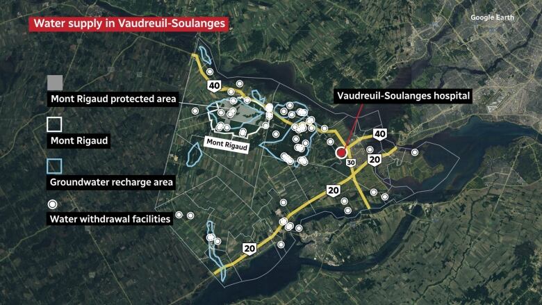 A map of Vaudreuil-Soulanges showing its water supply. 