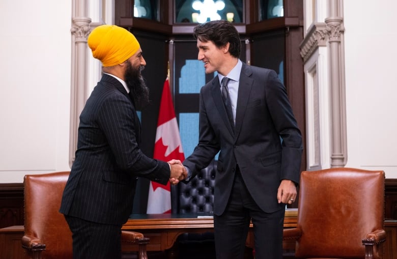 Two men smile at each other while shaking hands.