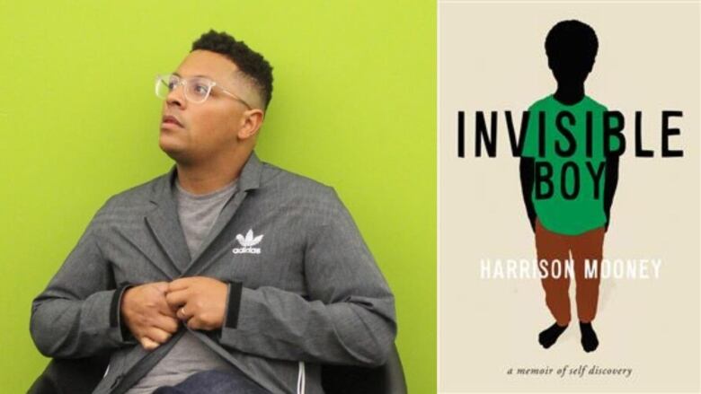 A Black man looking up while buttoning his grey jacket and the book cover an illustration of a faceless Black boy with a green shirt and brown pants