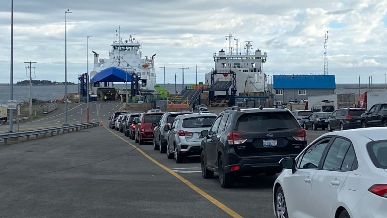 Two ferries docked with lineup of cars waiting to board