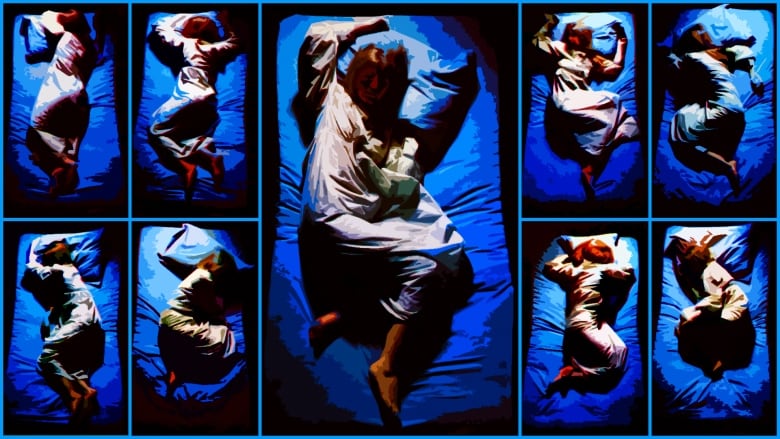 A montage of images show a woman in different sleeping positions.