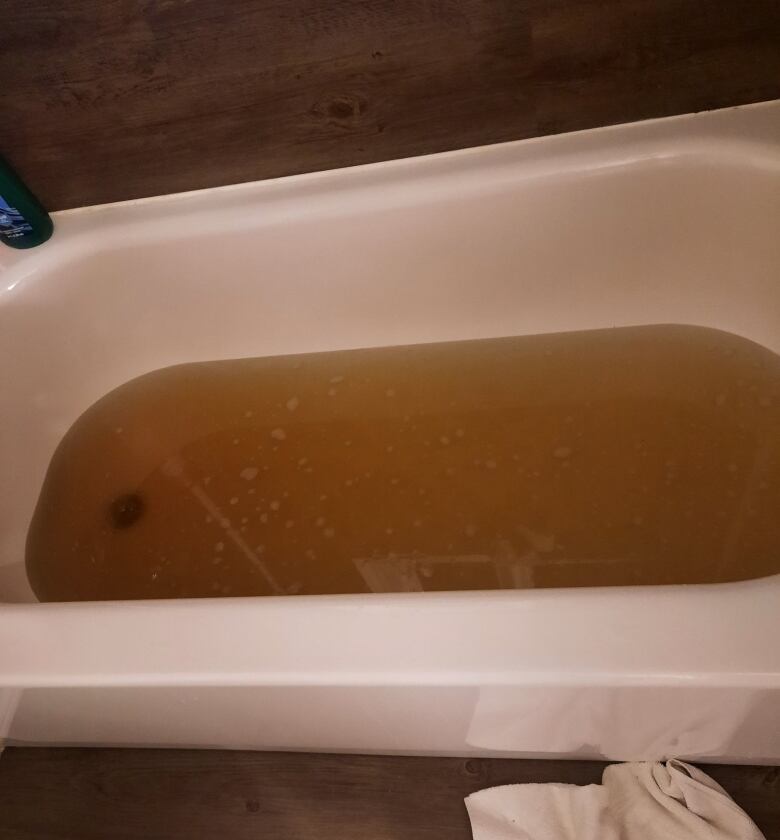 A bathtub filled with brown water.