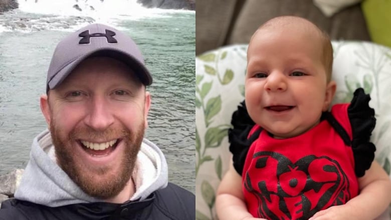 A collage of two photos: On left, a smiling man stands in front of a waterfall. On right, a baby in a red dress.