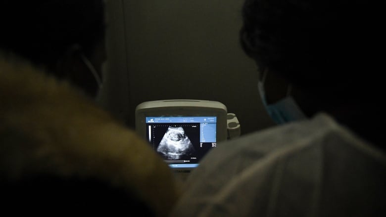 Two health care professionals look at an ultrasound screen in a dark room