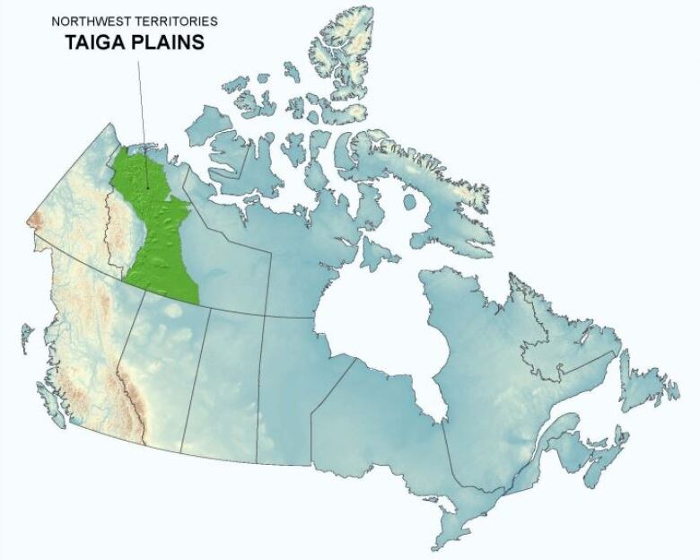 Green zone on a map surrounding the Mackenzie Valley, and covering about one third of the NWT, showing the area known as the 