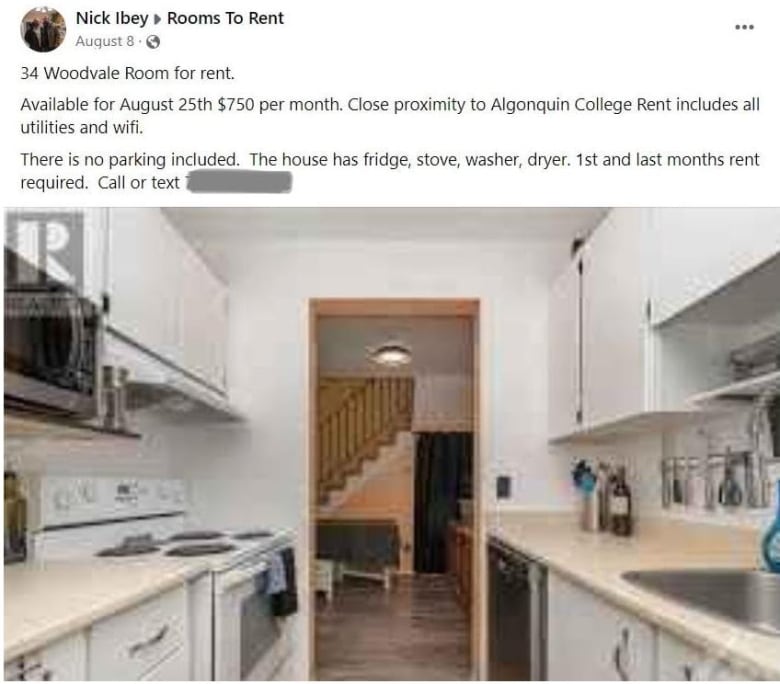 Facebook post showing an apartment for rent. 