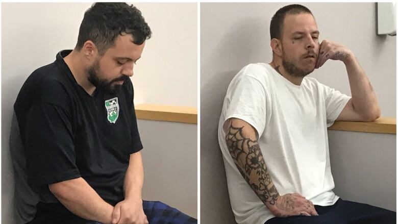 A split screen image of two men sitting in the prisoner's dock at provincial court.