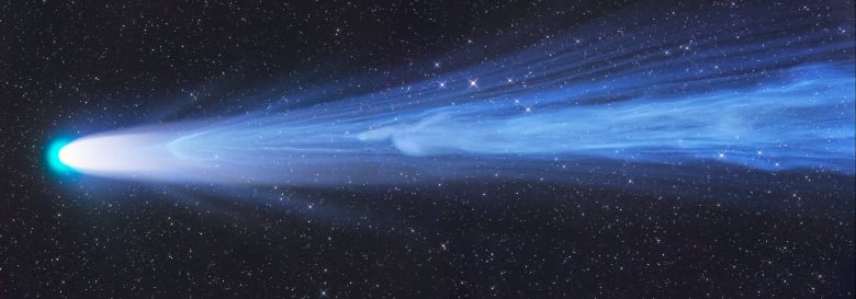 The long and narrow photograph shows a stunning and bright comet with a long tail, which is a hallmark of comets in our solar system.