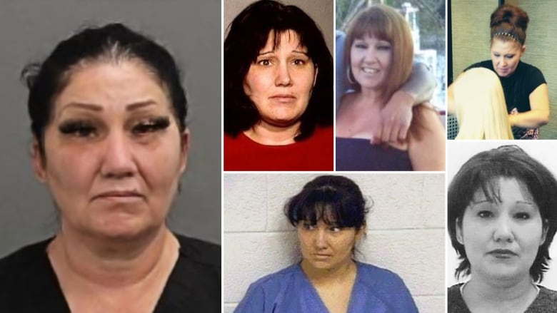 A composite image shows mug shots and other photos of a white, brunette woman at different ages.