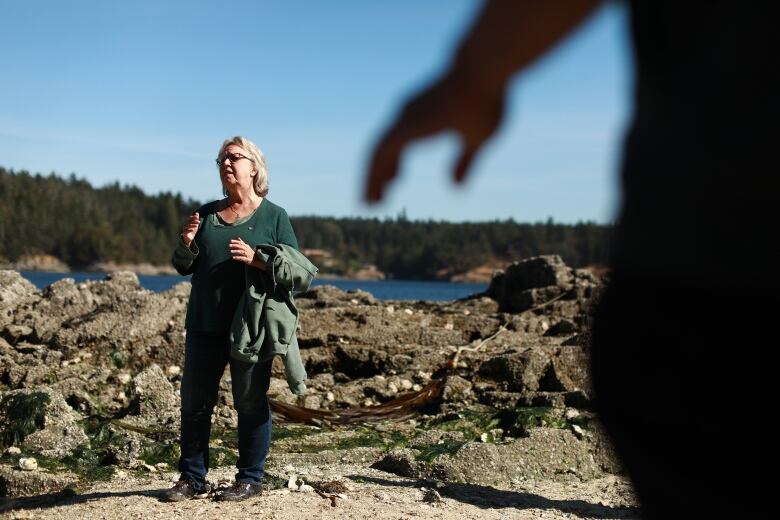 Elizabeth May is seen standing on a rocky beach. She is wearing green.