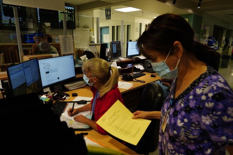 Two workers look at a computer