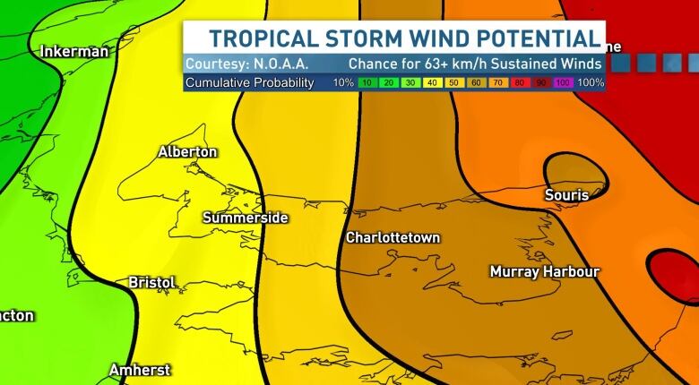 Map showing western PEI expecting lower wind speeds than eastern PEI