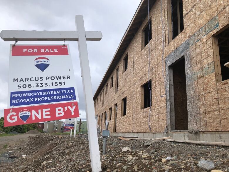 An unfinished building next to a for sale sign