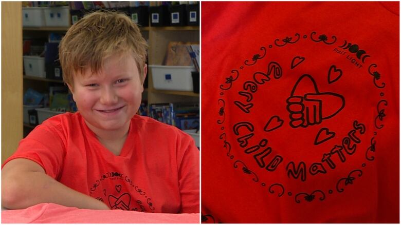 A collage image. On the left, a 12-year-old boy smiles wearing an orange shirt featuring his design. The shirt, on the right, features two shaking hands that create a heart with a number of hearts around it and 'Every Child Matters' sprawling across the bottom.