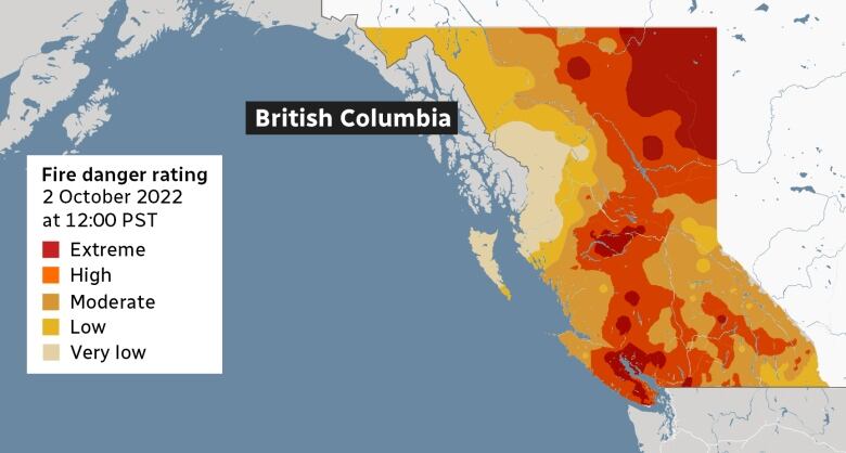 A map showing most of B.C. under extreme or high fire risk.