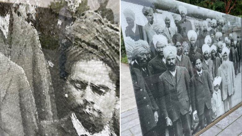 A memorial of a group of Sikh men is seen with its glass partially broken.