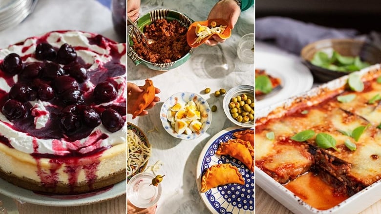 a triptych of a cheesecake with cherry topping; a hand holding an empanada that has just been stuffed with bowls of cheese, boiled eggs and olives in the background; a baking dish with Eggplant Parmesan