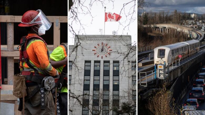 A composite of a construction worker, Vancouver city hall, and the SkyTrain.