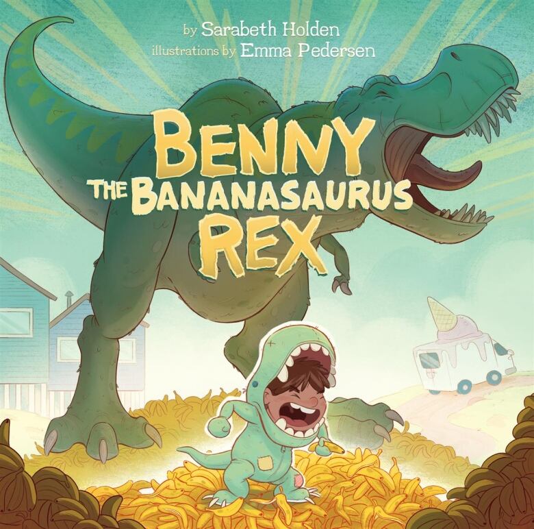 A book cover of a kid in a dinosaur costume on a pile of banana peels with a t-rex in the background. 