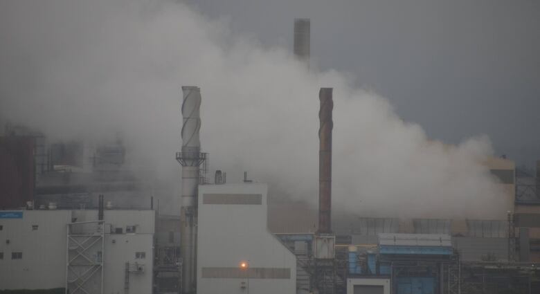 Three smokestacks at the Algoma steel plant in Sault Ste. Marie are engulfed in smoke