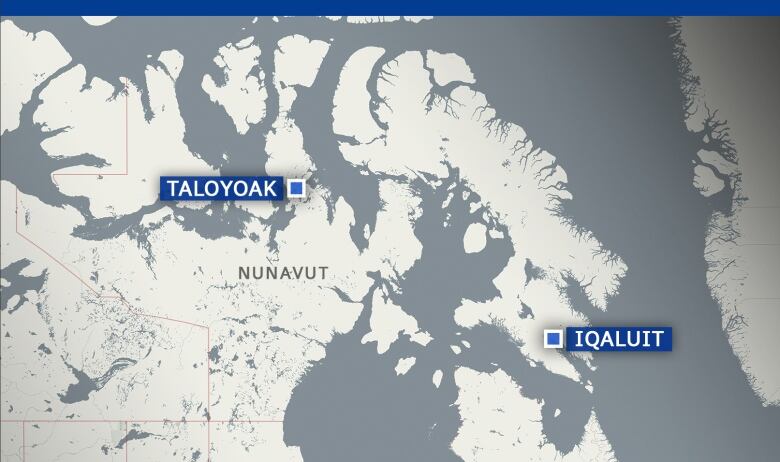 A map showing Taloyoak, Nunavut, in relation to Iqaluit.