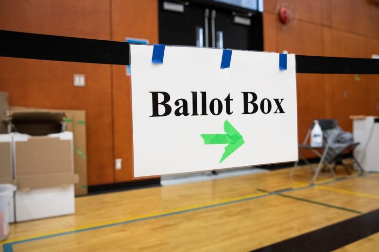 A sign at a Vancouver polling station directs voters to the ballot box during the 2022 civic elections.