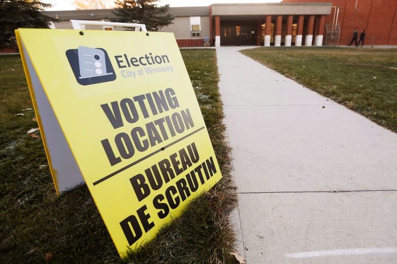 A yellow City of Winnipeg election sign that says 'voting location' in English and French sits next to a sidewalk outside a building.