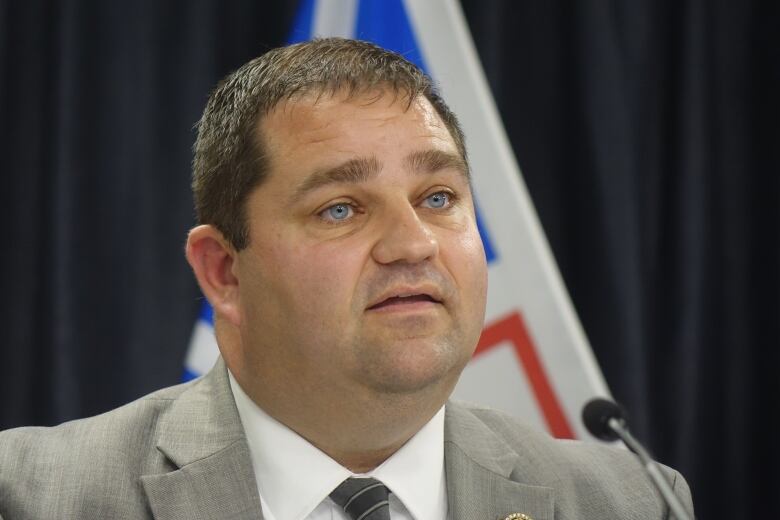 A shoulder height close up of a person with short hair speaking into a microphone. A Newfoundland and Labrador flag is out of focus behind them.